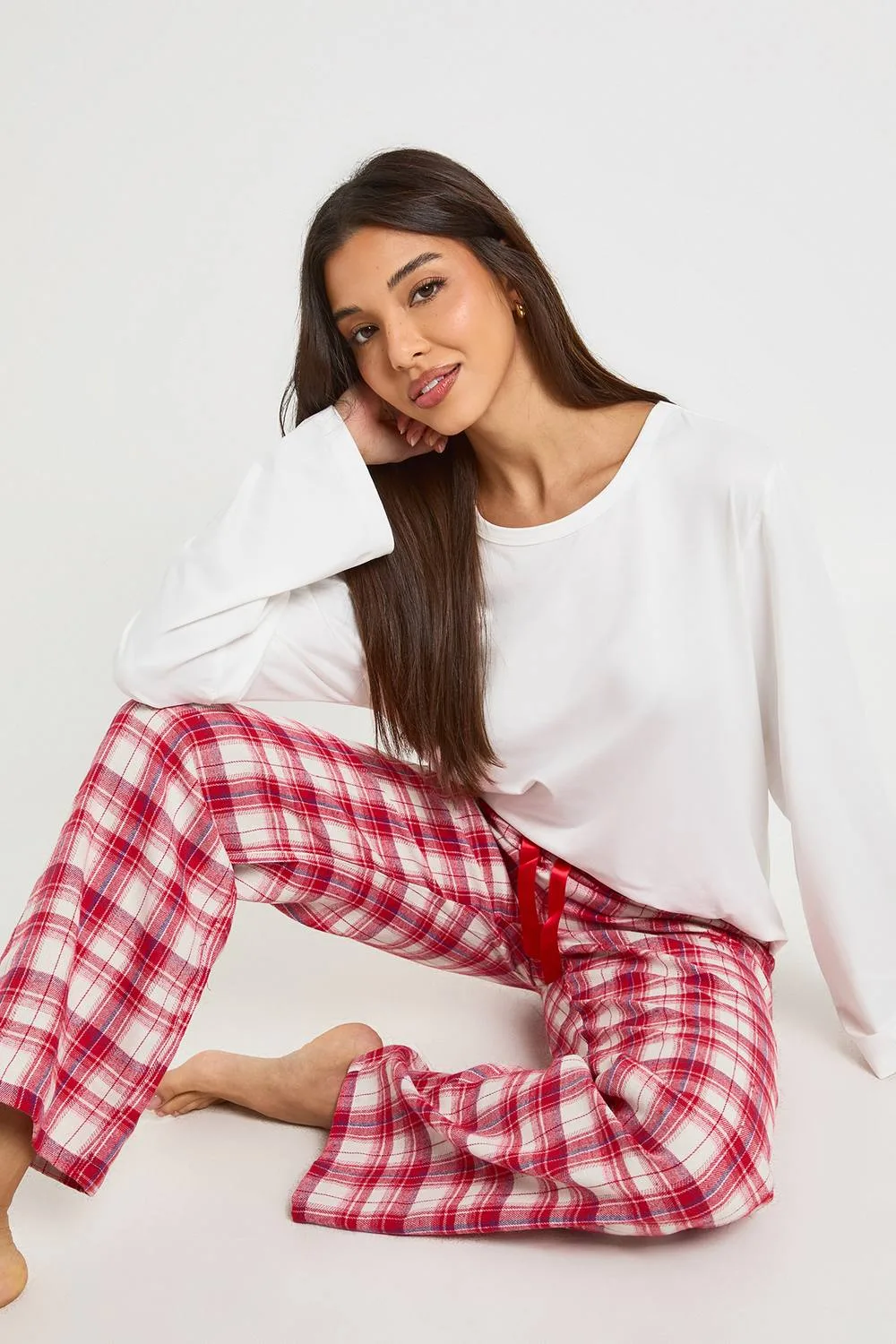 Christmas Brushed Check Long Sleeve Top & Trousers Pyjama Set by boohoo