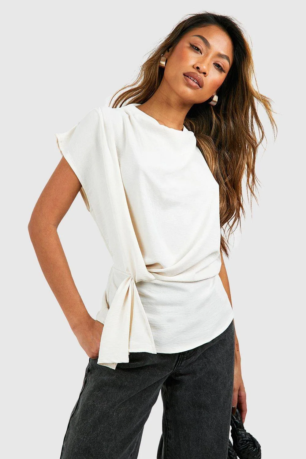 Hammered Knot Front Cowl Neck Blouse by boohoo