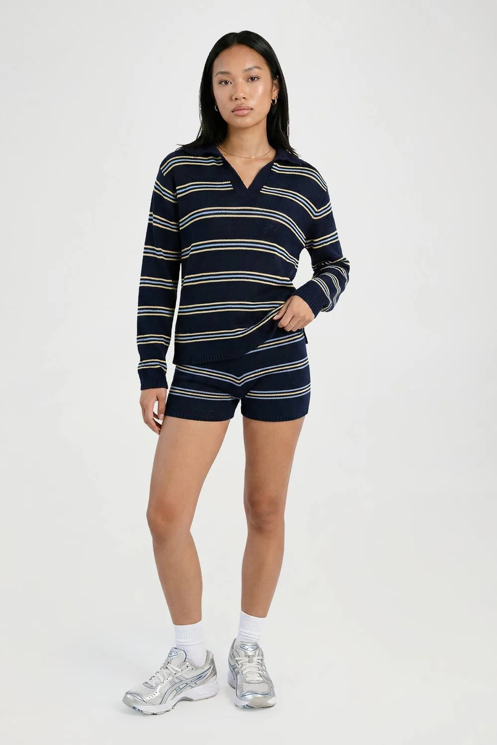 Stripe Knitted V-Neck Long Sleeve Top & Short by boohoo