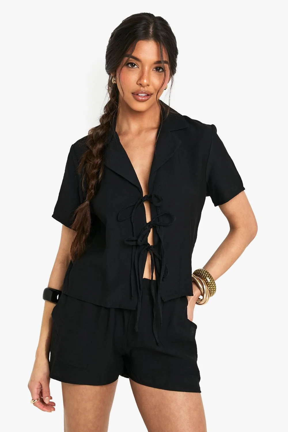 Linen Look Crop Shirt by boohoo