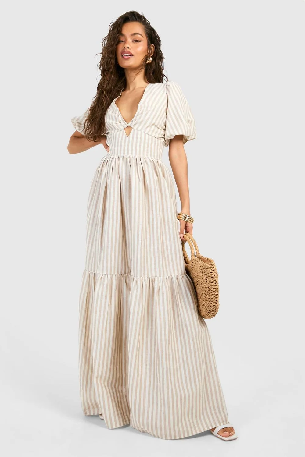 Stripe Tiered Maxi Dress - Stone by boohoo