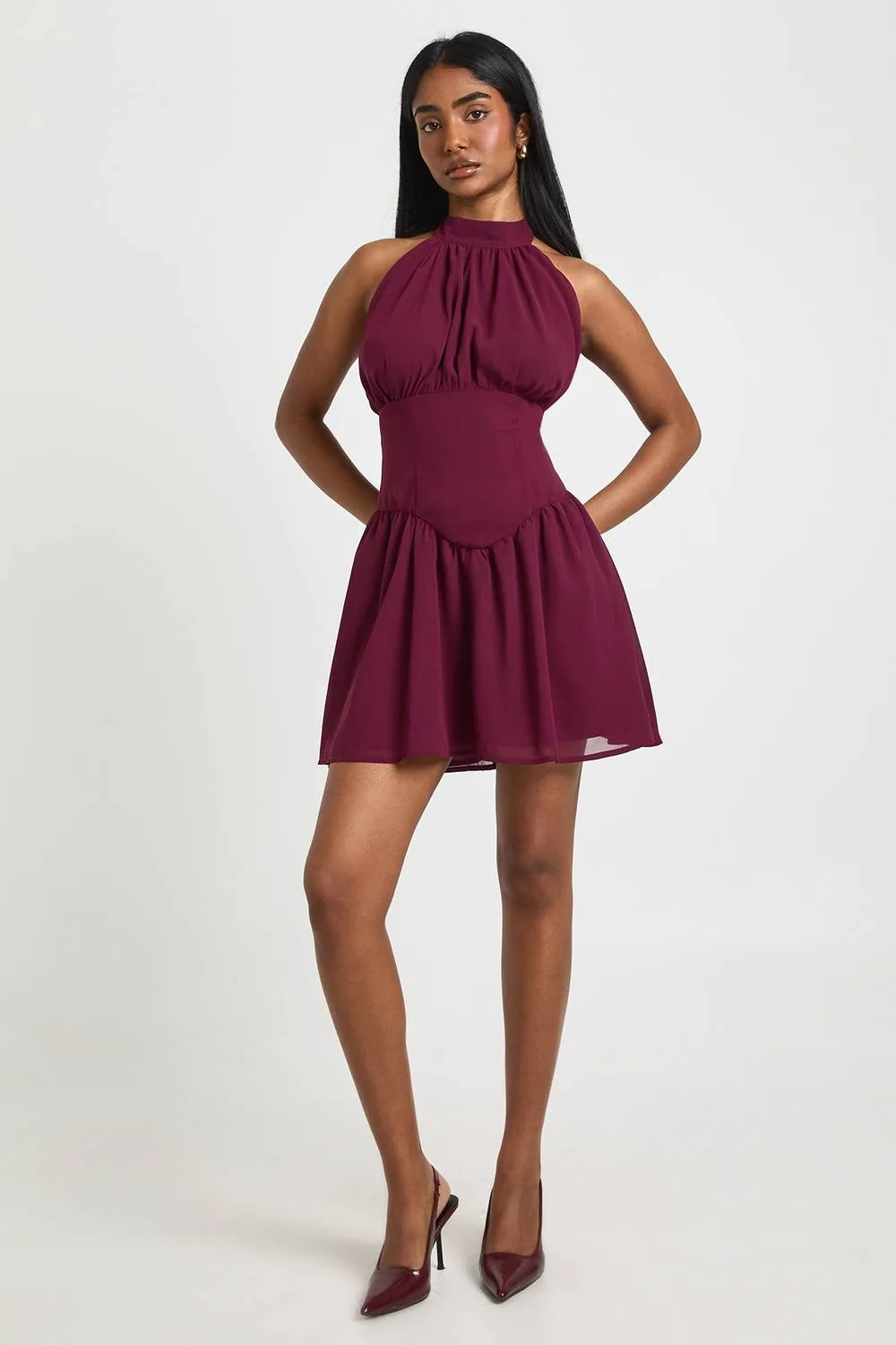 Chiffon Ruched Detail High Neck Mini Dress by boohoo