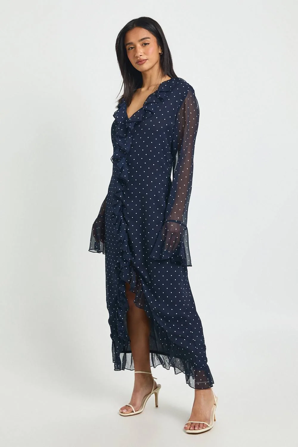 Chiffon Polka Dot Ruffle Detail Midi Dress by boohoo