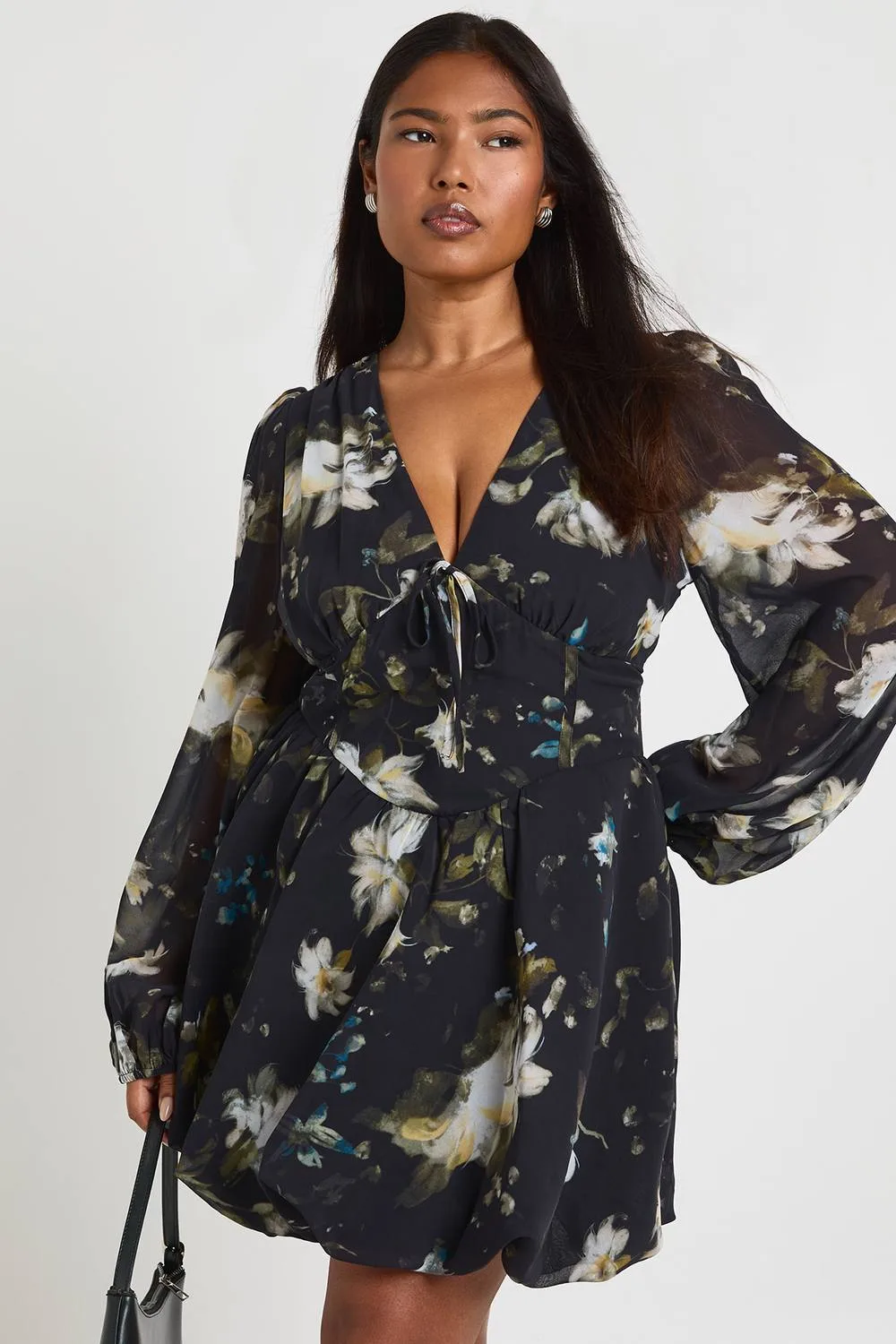Dark Floral Puffball Hem Skater Dress by boohoo