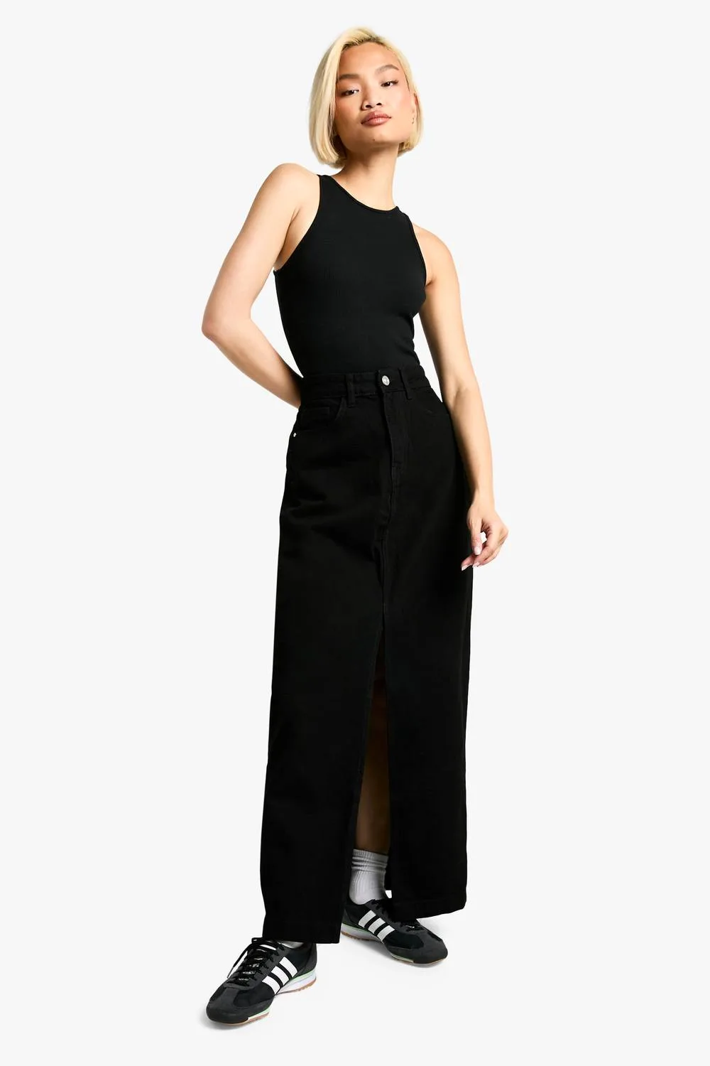 Basic Split Front Denim Maxi Skirt by boohoo