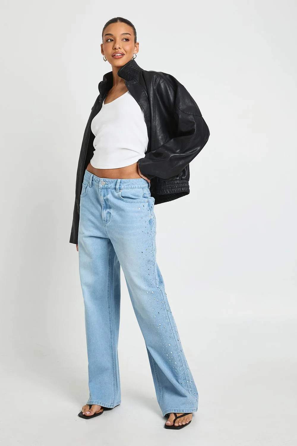 Embellished High Waisted Straight Leg Jean