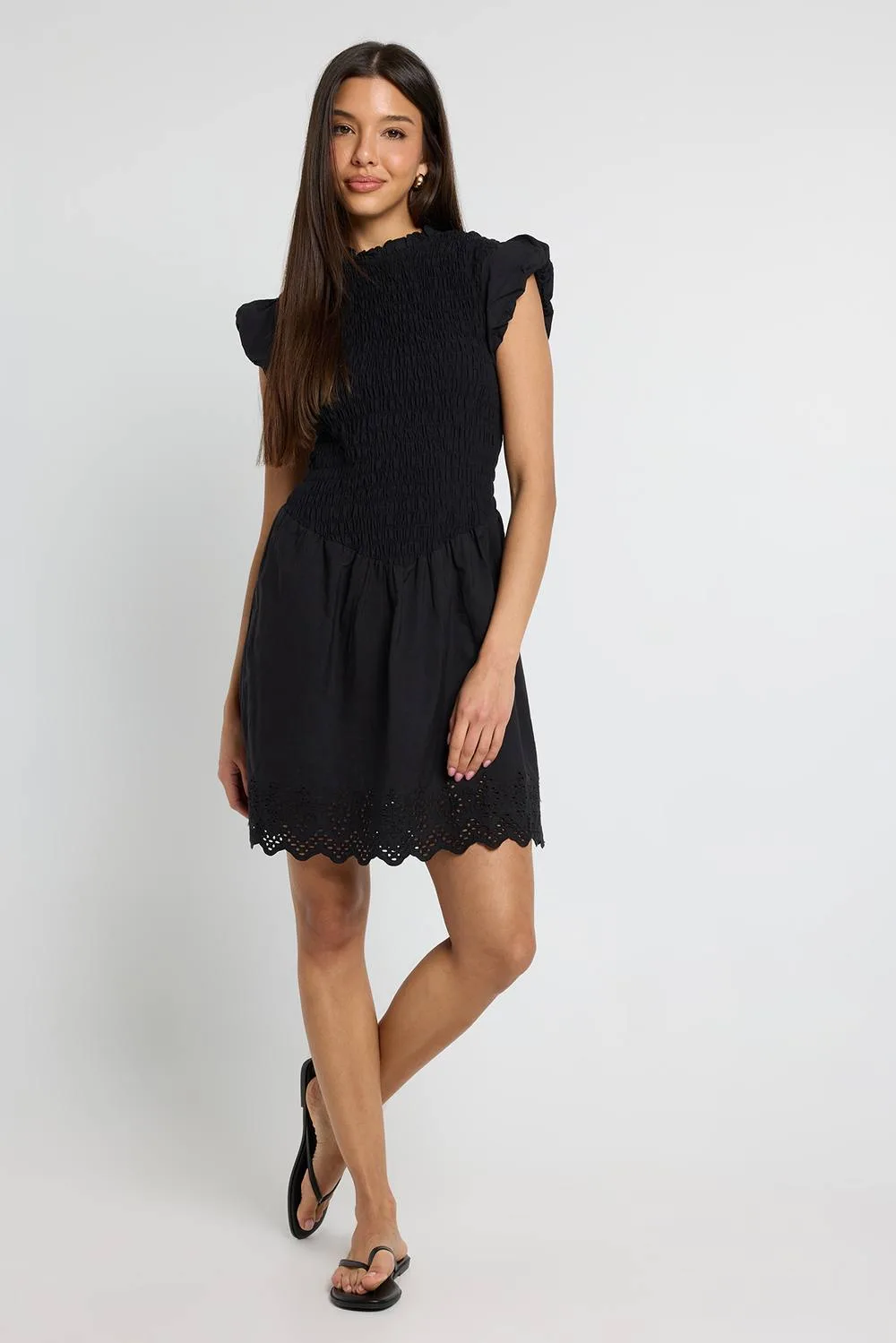 Shirred Body Mini Dress with Broderie Hem by boohoo
