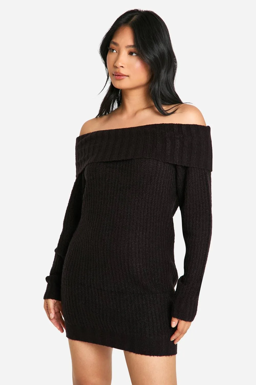 Wide Rib Bardot Neckline Mini Jumper Dress by boohoo