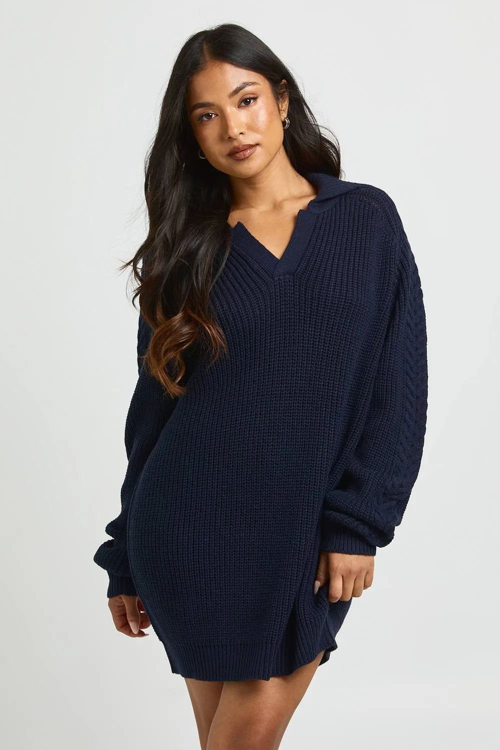 Chunky Knit Collared V Neck Jumper Dress by boohoo
