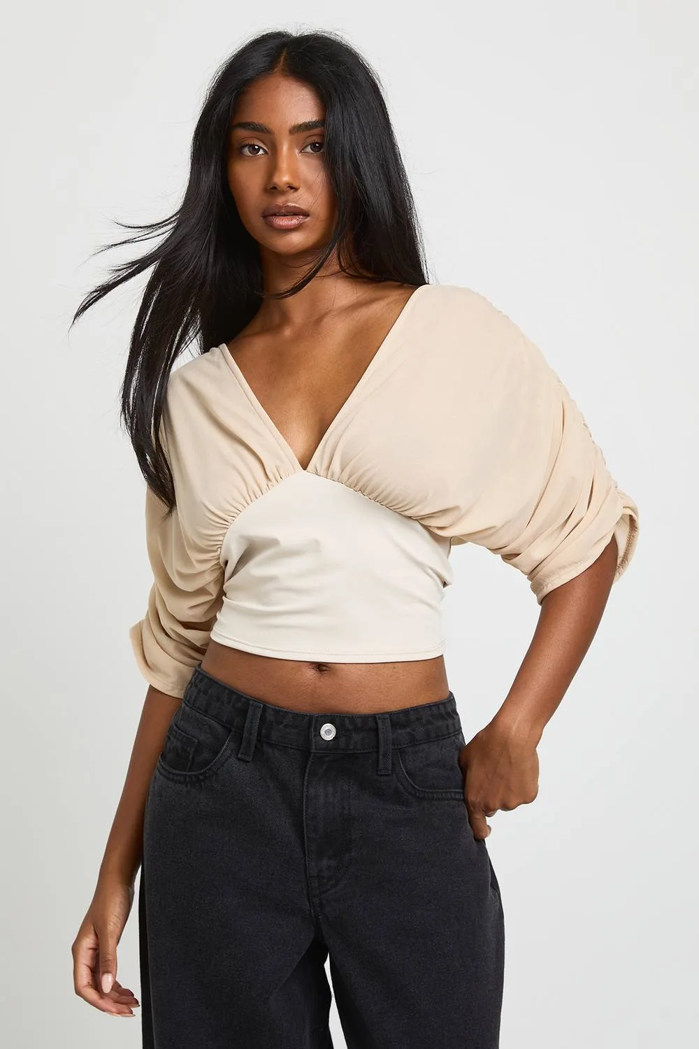 Pleat Off-The Shoulder Detail Top - Stone by boohoo