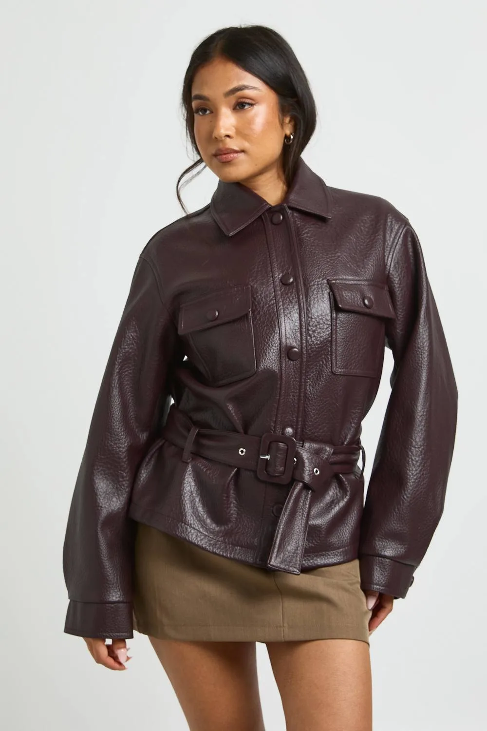 Pebbled Faux Leather Fitted Belted Jacket by boohoo
