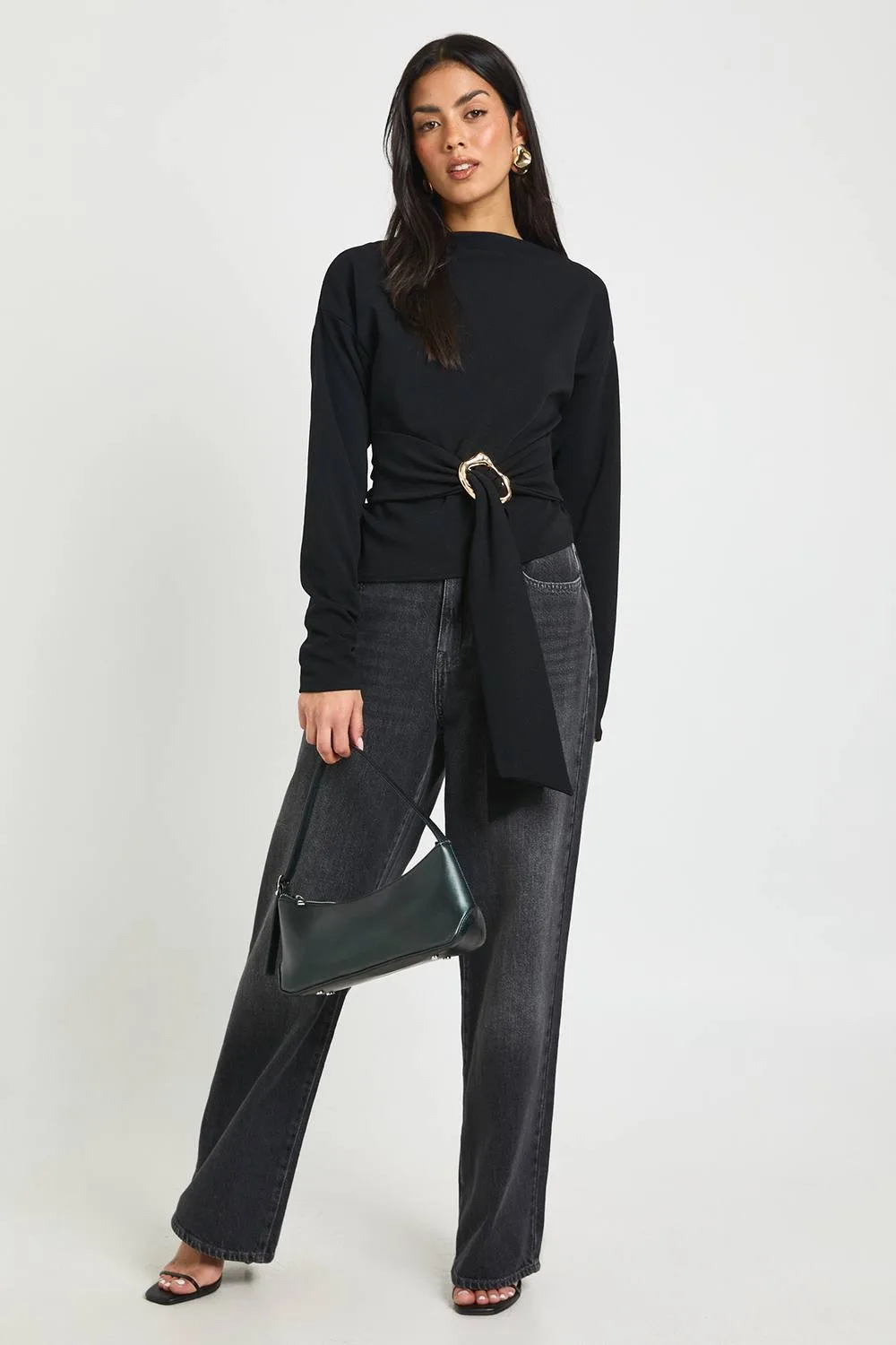 Crepe Grown on Neck Gold Trim Belt Detail Long Sleeve Top by boohoo