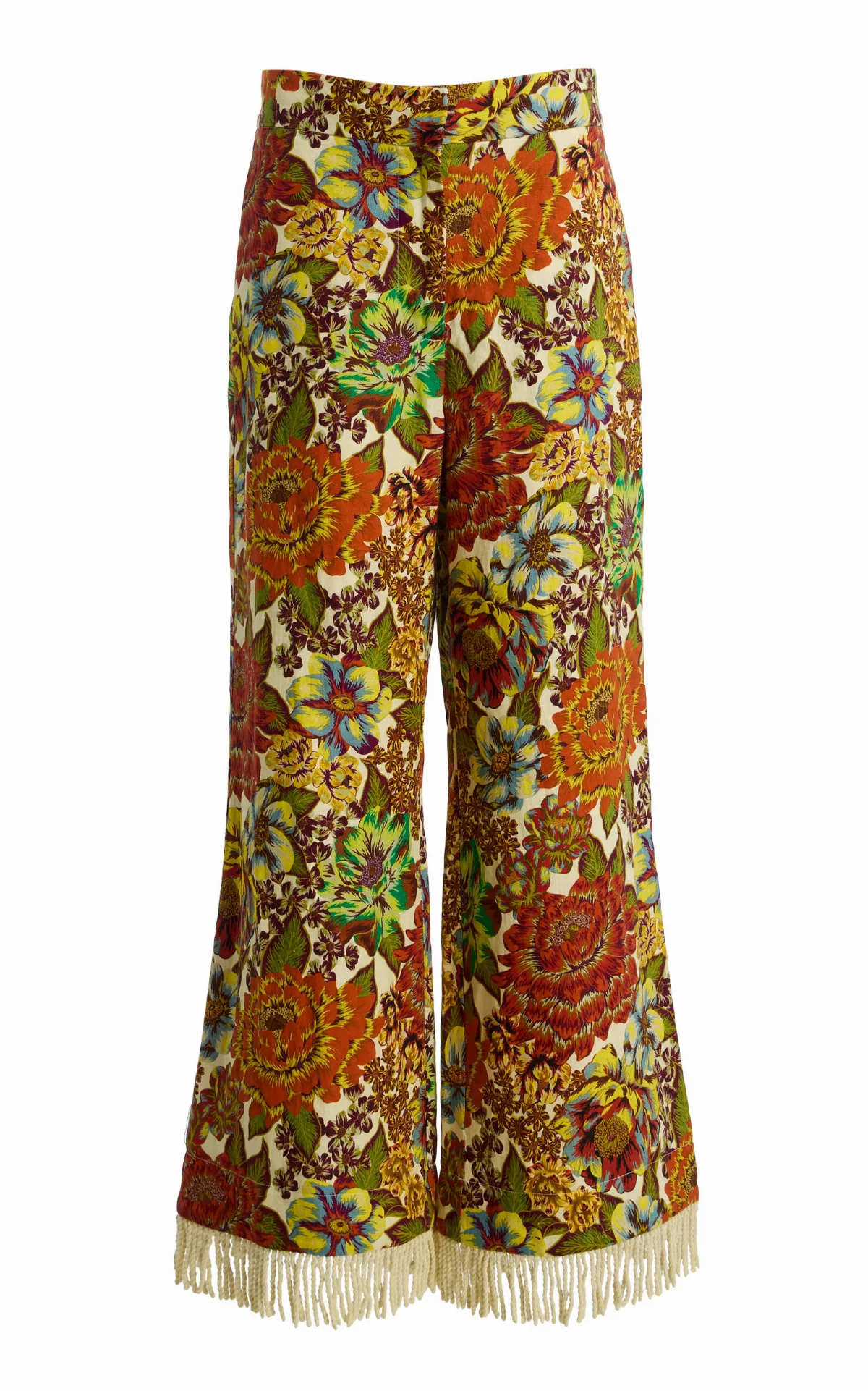 Lana Fringed Floral Linen Flared Pants by ALÉMAIS