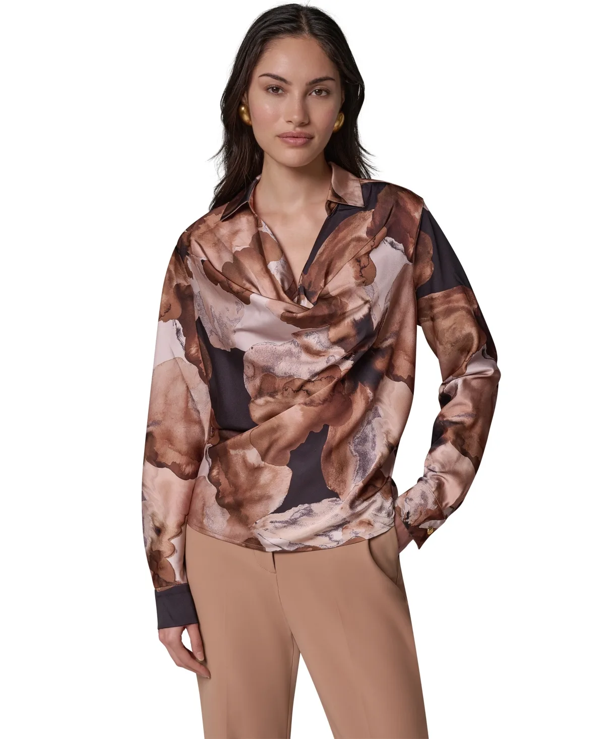 Long-Sleeve Satin Cowl-Neck Blouse by Donna Karan New York