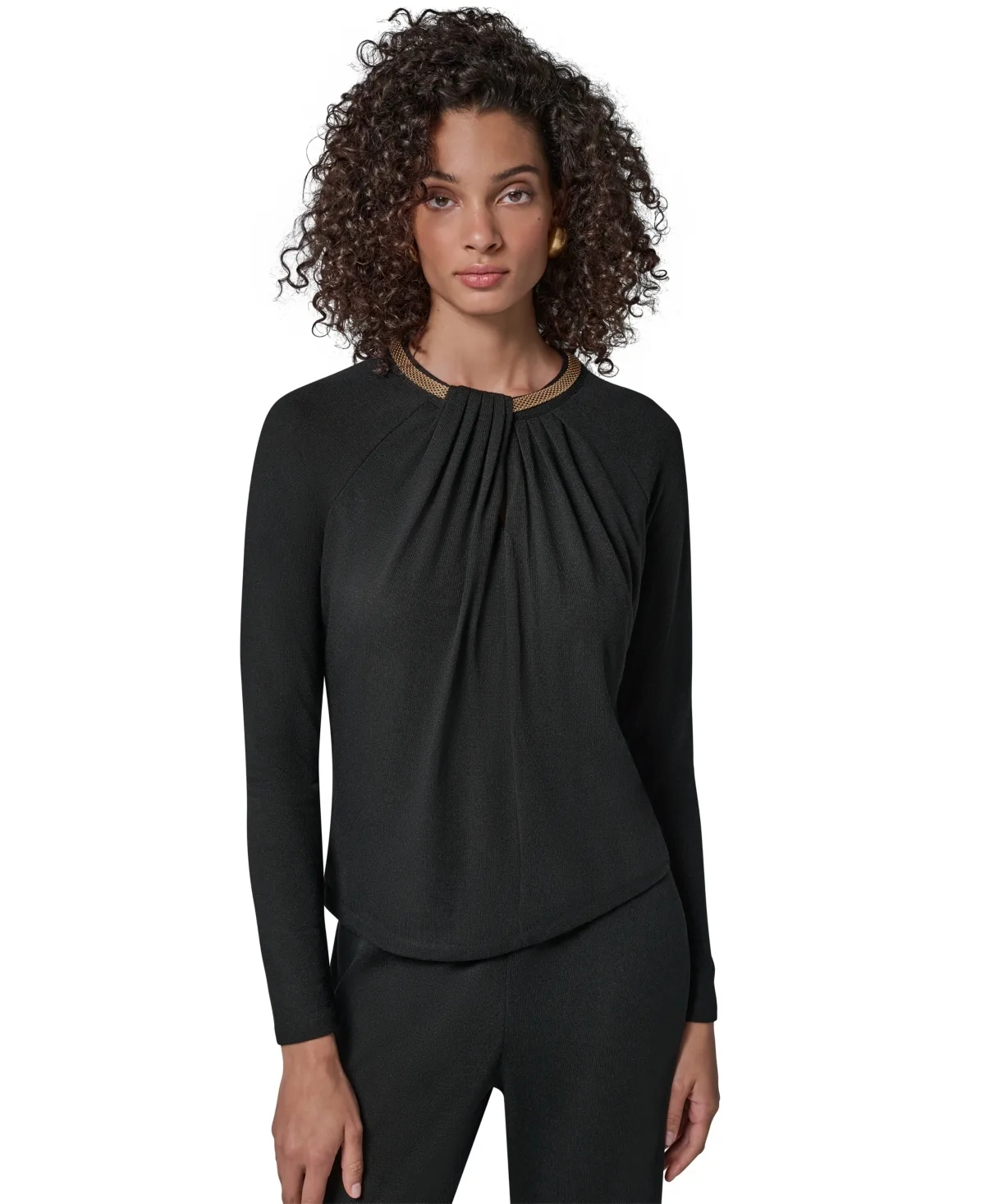 Necklace Detail Long-Raglan Sleeves Keyhole Cutout Pullover by Donna Karan New York
