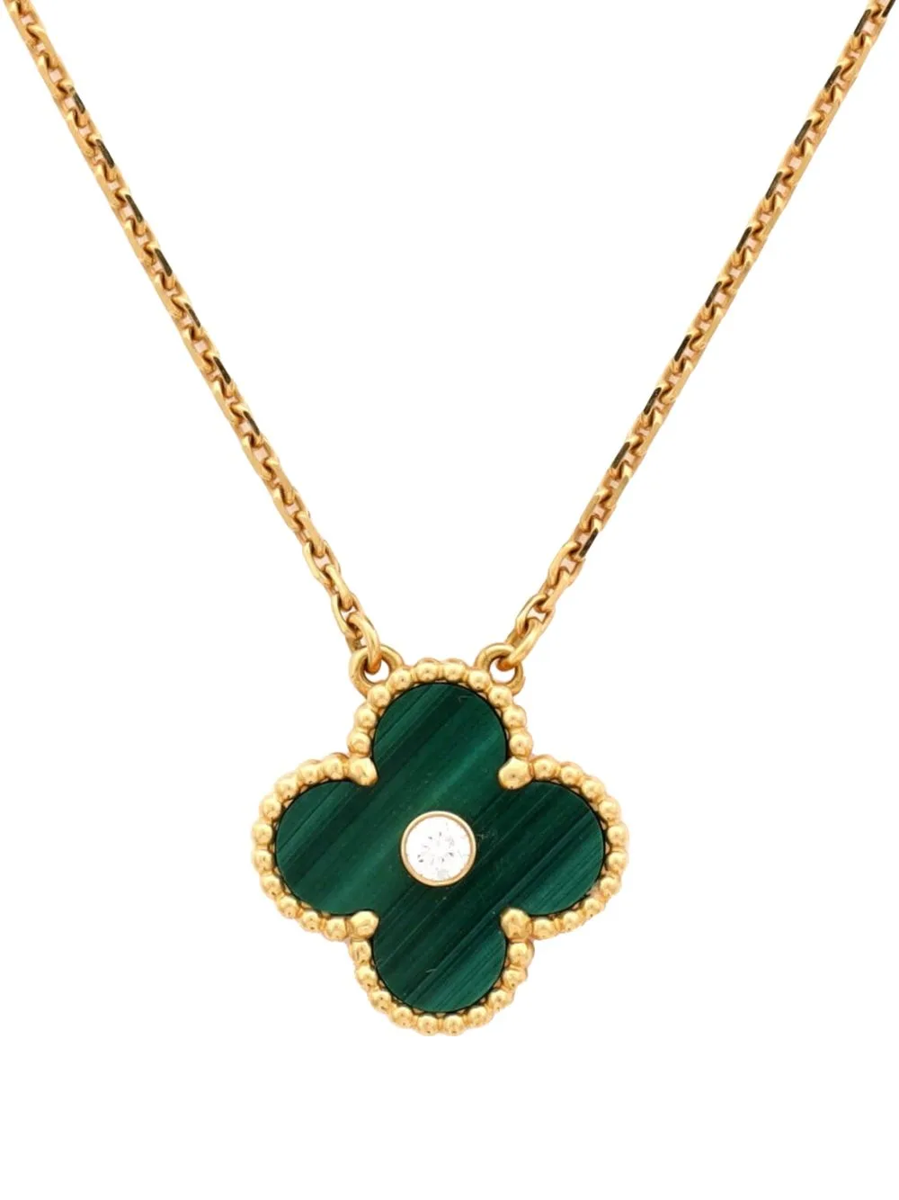 Vintage Alhambra Pendant 18K Yellow Gold and Malachite with Diamond Necklace by Van Cleef & Arpels Pre-Owned