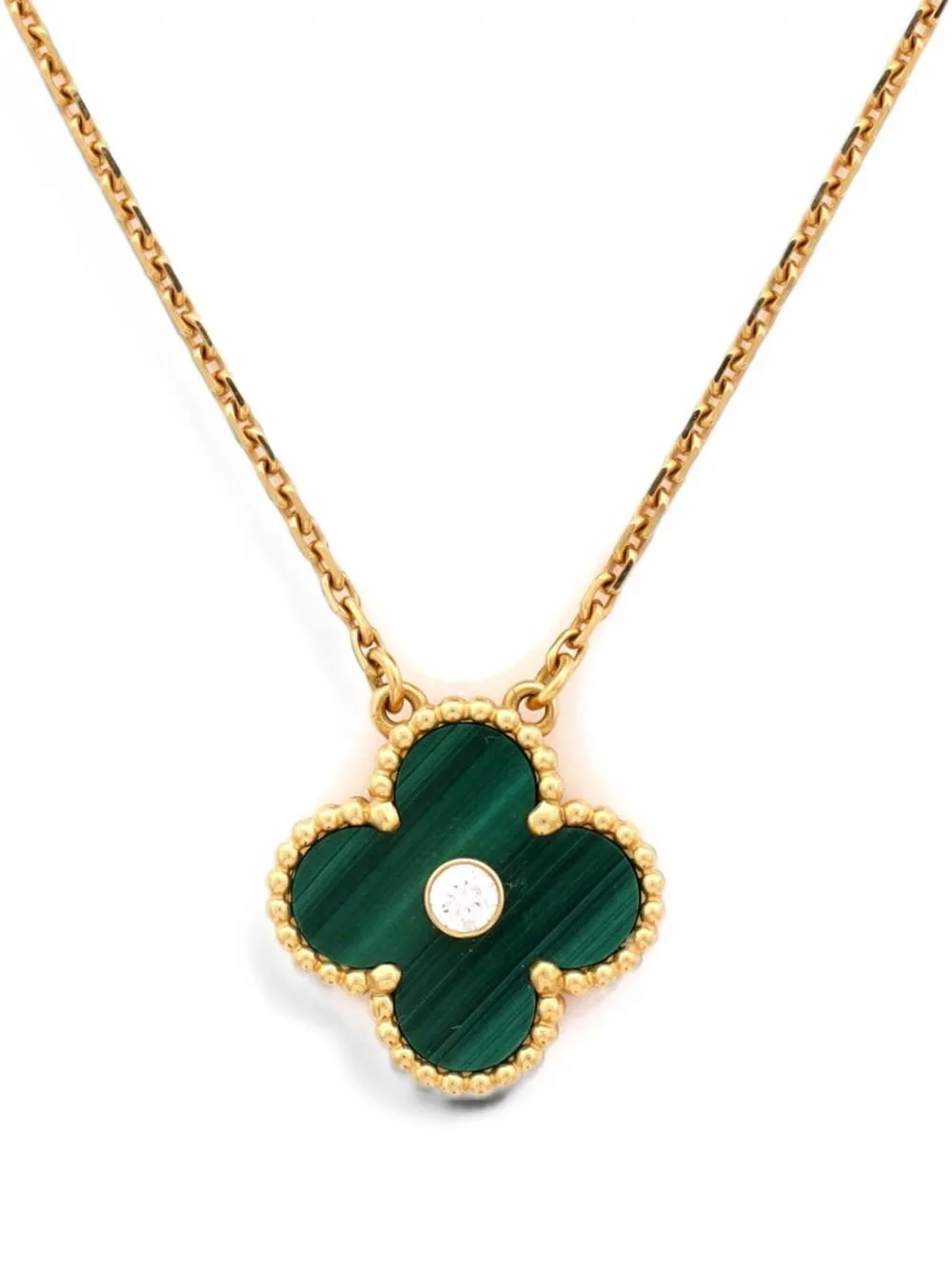 Vintage Alhambra Pendant 18K Yellow Gold and Malachite with Diamond Necklace