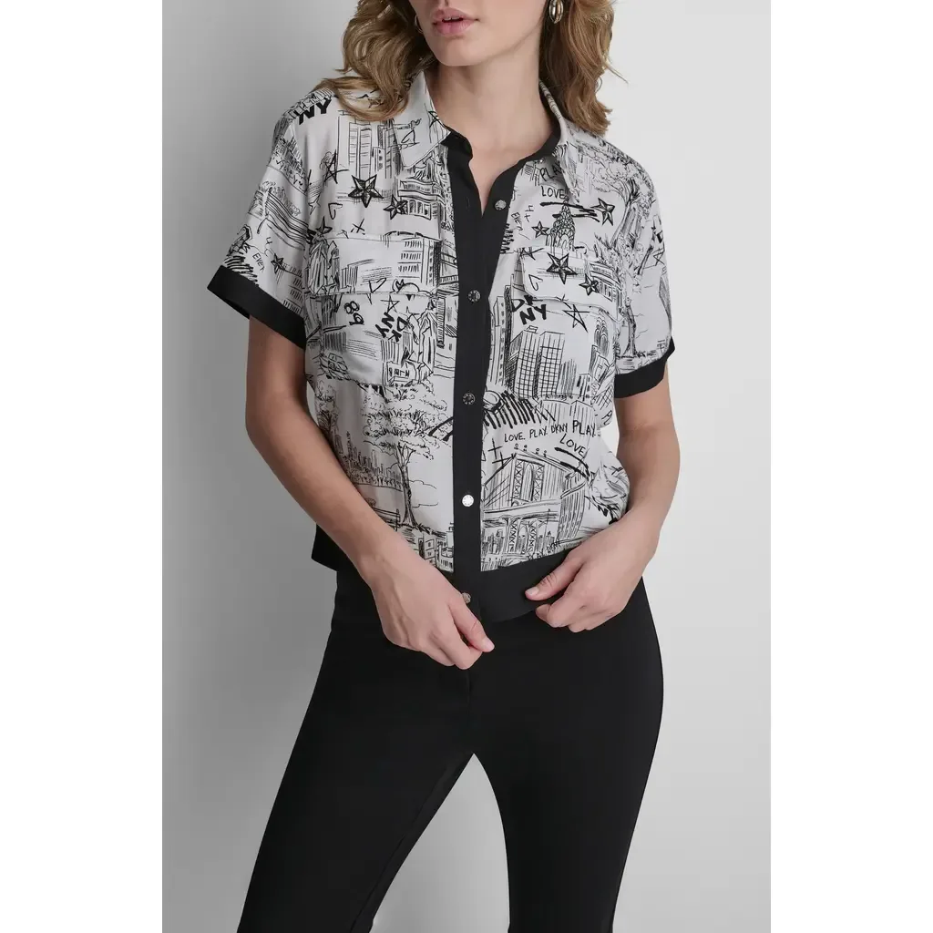 Print Short Sleeve Button-Up Shirt by DKNY