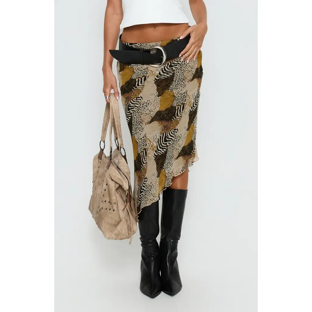Suella Mixed Print Asymmetric Midi Skirt by Princess Polly