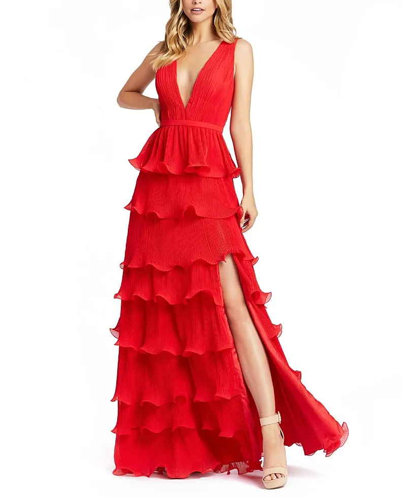 Mac Duggal Sleeveless Ruffle Tiered V Neck Gown by M.A.C.