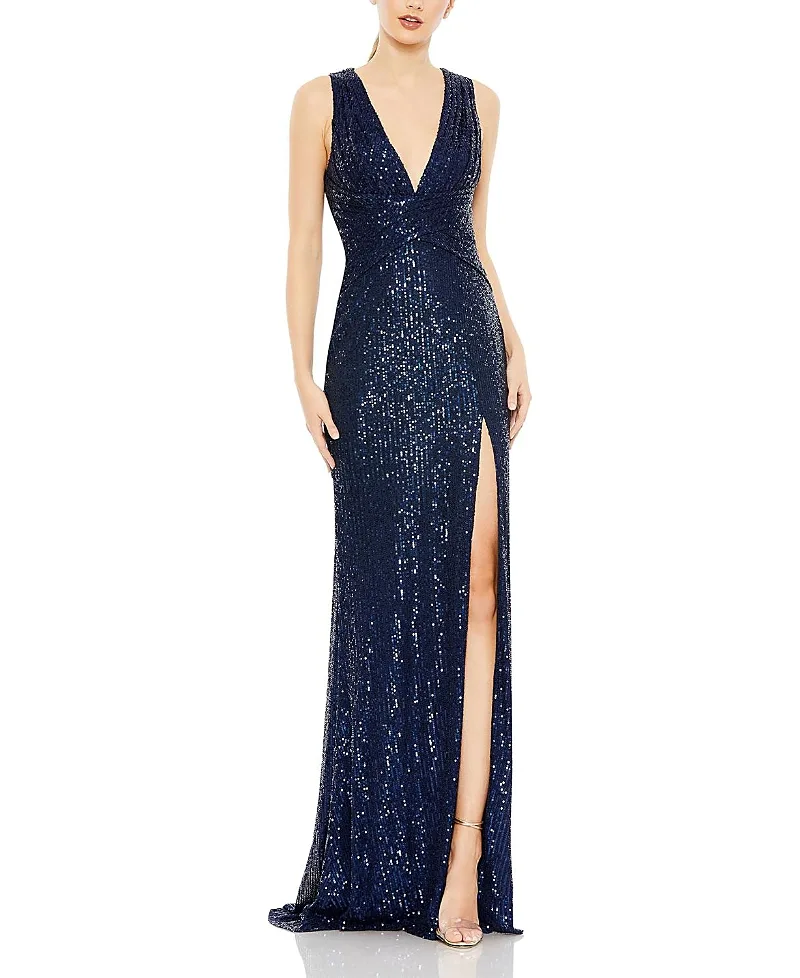 Mac Duggal V-Neck Sequin Wrap Waist Gown
