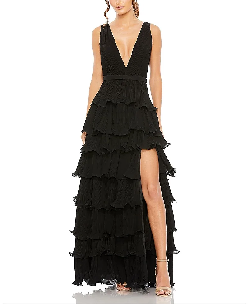 Mac Duggal Sleeveless Ruffle Tiered V Neck Gown