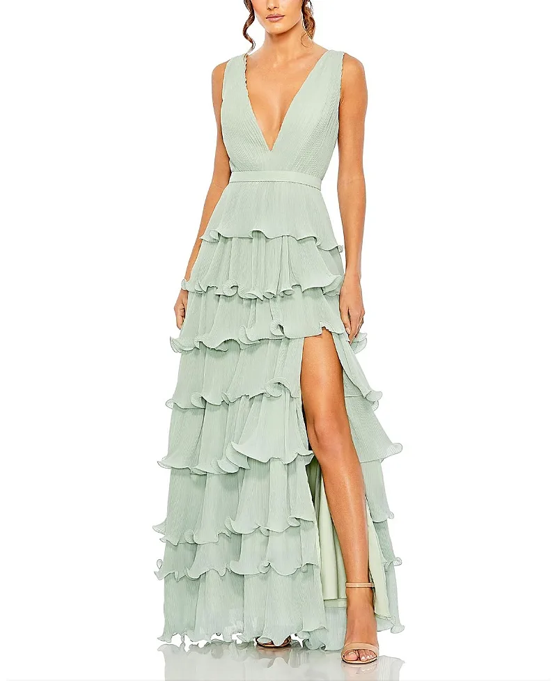 Mac Duggal Sleeveless Ruffle Tiered V Neck Gown