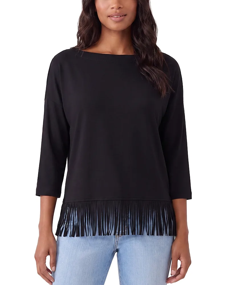 Boat Neck Fringe Trim Top by Karen Kane