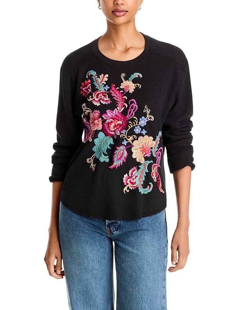 Cotton Waffle Knit Embroidered Top by Johnny Was