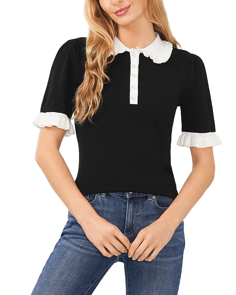 Cotton Ruffle Collar Polo Sweater by CeCe