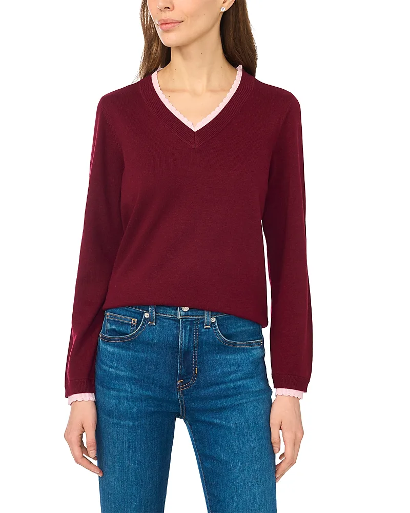 Layered Scallop Trim V Neck Sweater by CeCe