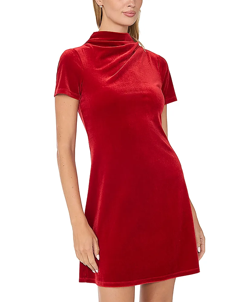 High Cowl Neck Pleat Shoulder Mini Dress by CeCe