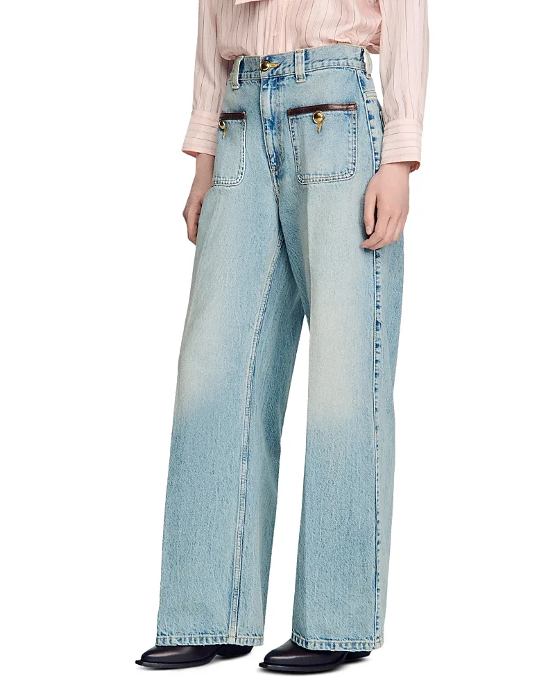 Sigrid High Rise Straight Leg Leather Detail Jeans by Sandro