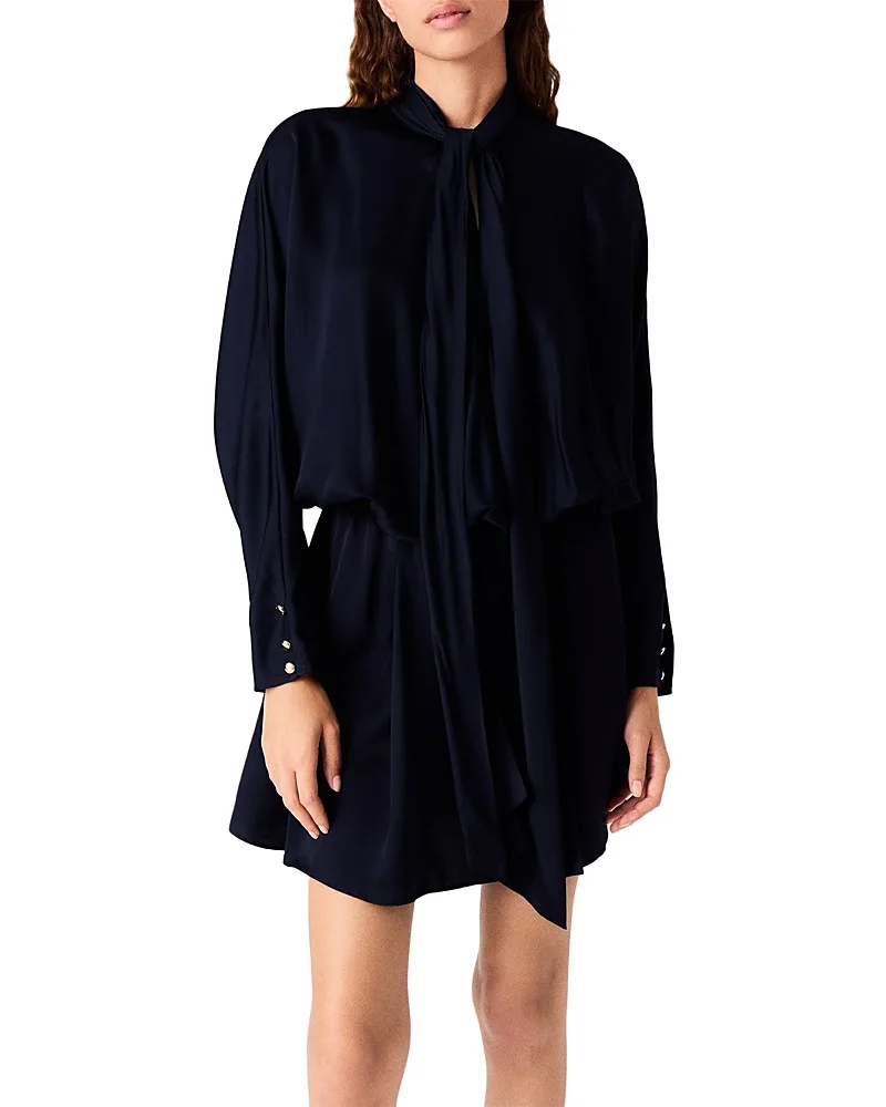 Tie Neck Draped Satin Mini Dress by Maje
