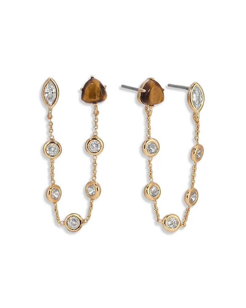 Double Piercing Cubic Zirconia & Tigers Eye Chain Earrings by Ettika