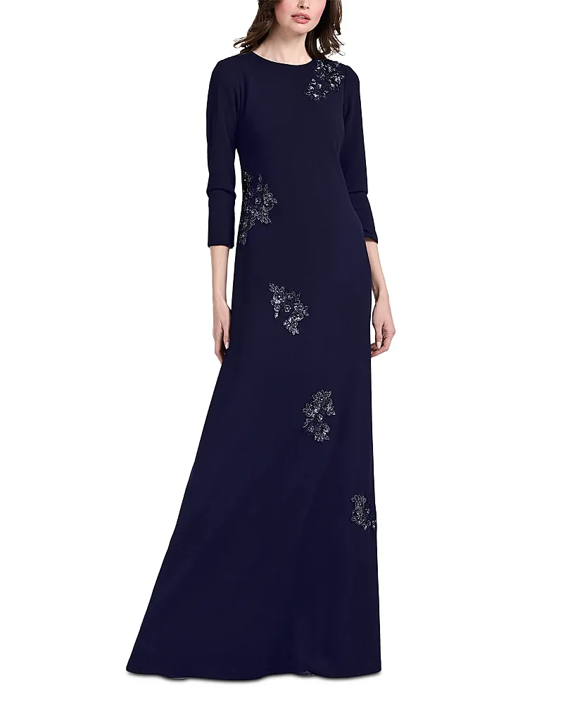 Beaded Flower Stretch Crepe Gown by Emily Shalant
