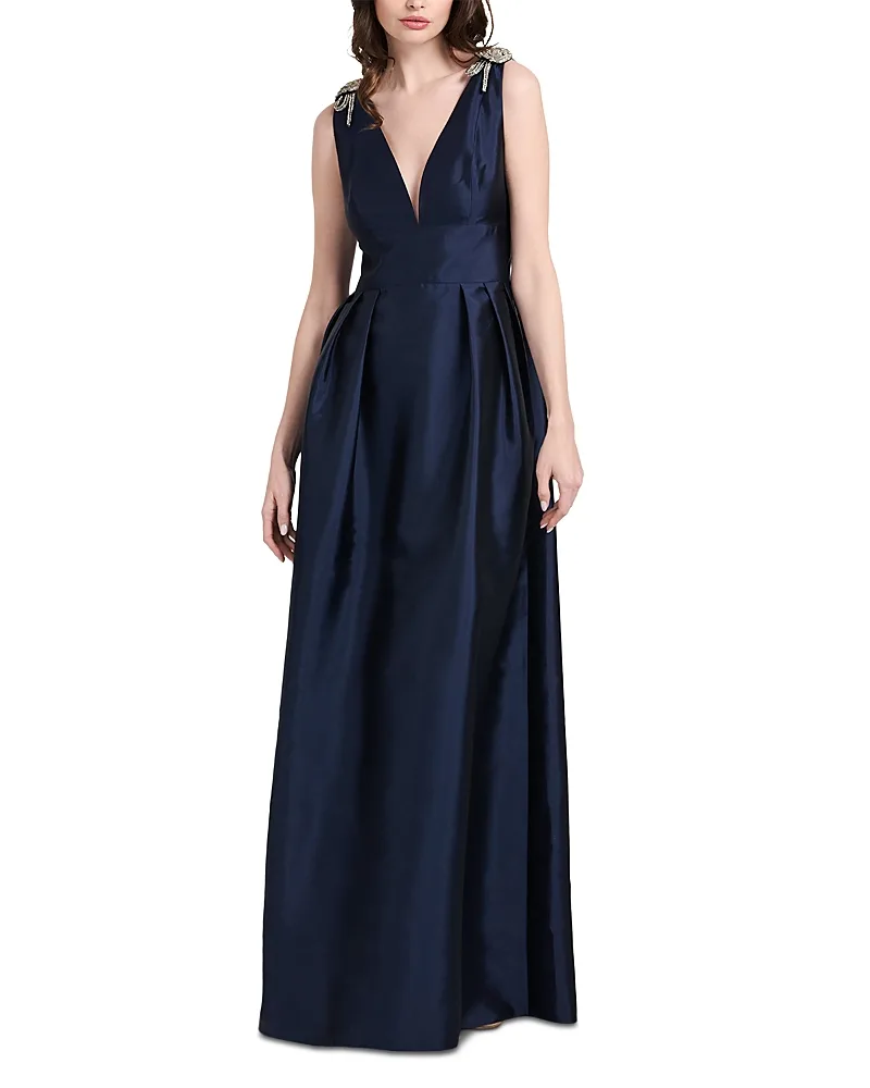 Embellished Faille Deep V Neck Gown by Emily Shalant