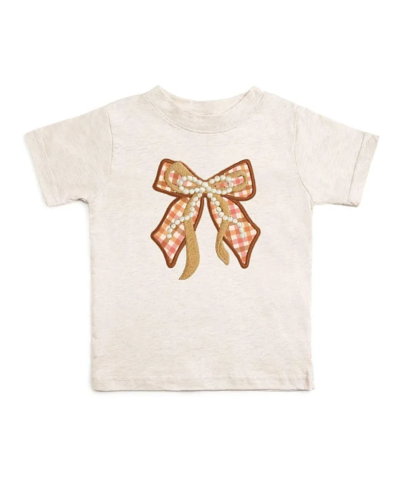Cinnamon Plaid Bow Patch Short Sleeve T-Shirt by Sweet Wink