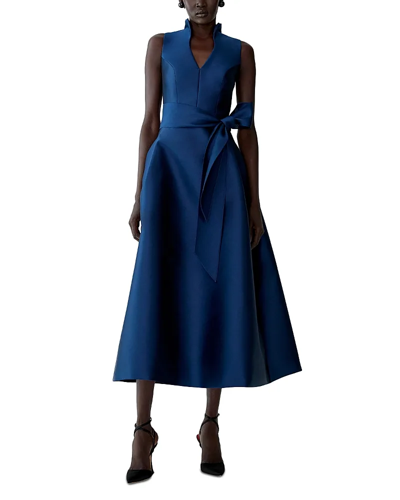 Stand Collar V Neck Tie Waist Dress by Carolina Herrera