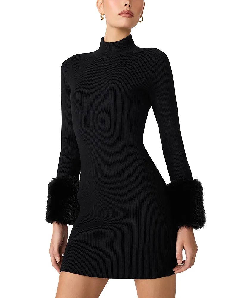 Riello Faux Fur Trim Rib Knit Mini Dress