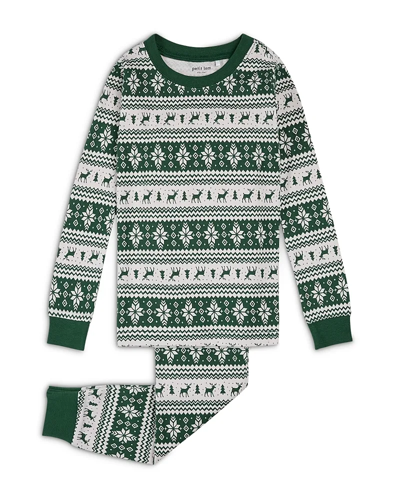 Poinsettia Fair Isle Print Cotton Pajama Set by Petit Lem