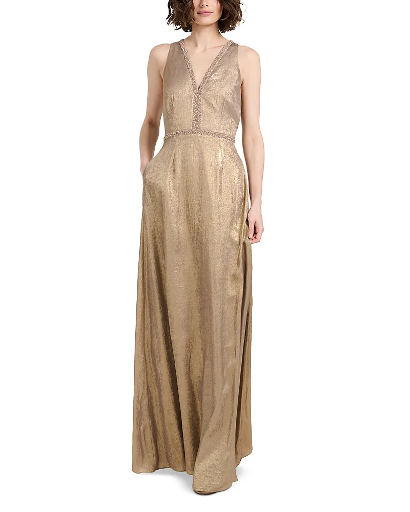 Foiled Chiffon V Neck Gown by Emily Shalant