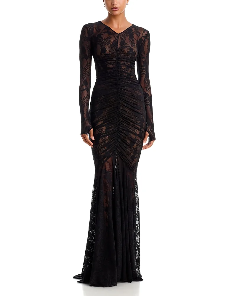Lace Shirred Fishtail Gown by Norma Kamali