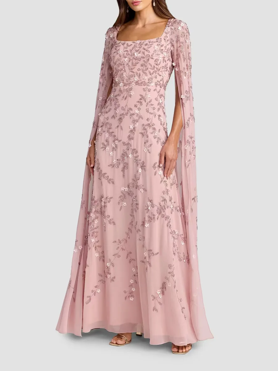Mac Duggal Embellished Georgette Cape-Sleeve Gown
