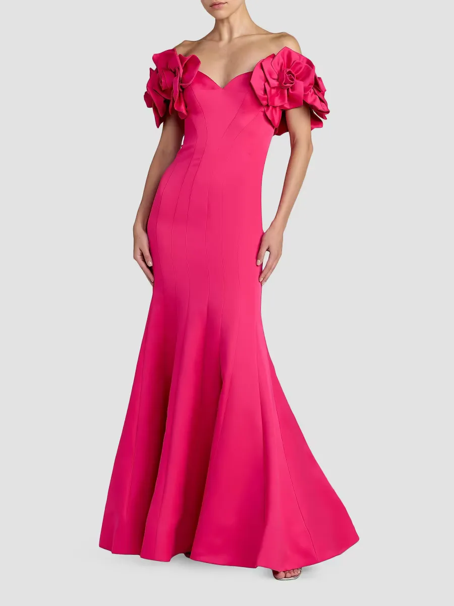 Mac Duggal Embellished Satin Off-Shoulder Trumpet Gown