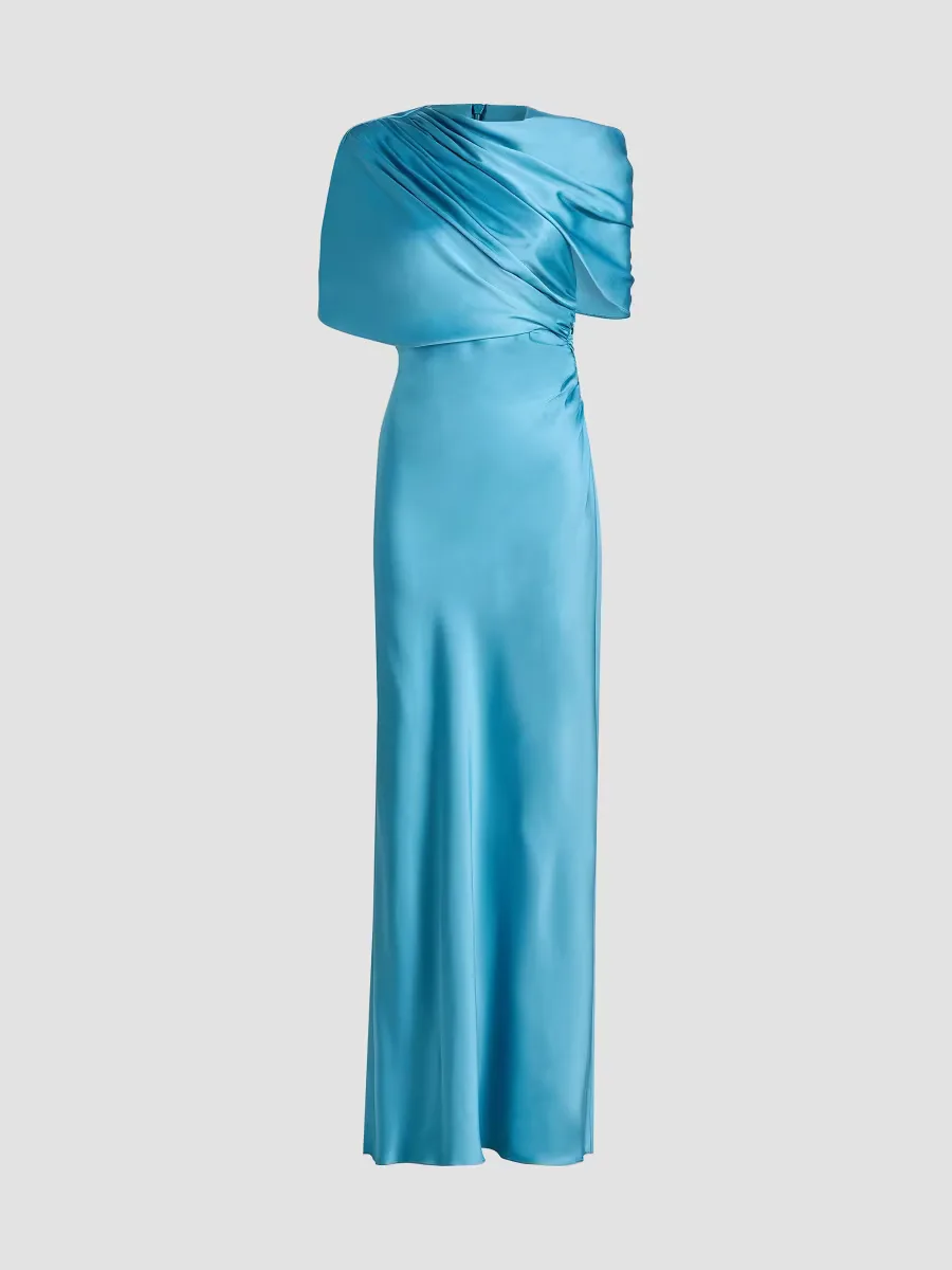 Draped Satin Cape-Sleeve Gown