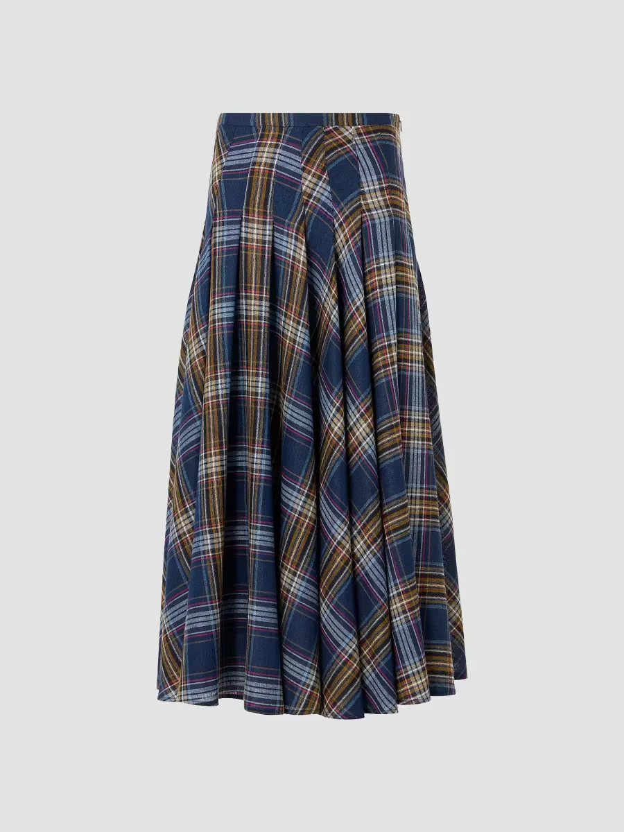 Plaid Lightweight Wool Blend Shelley Midi Skirt