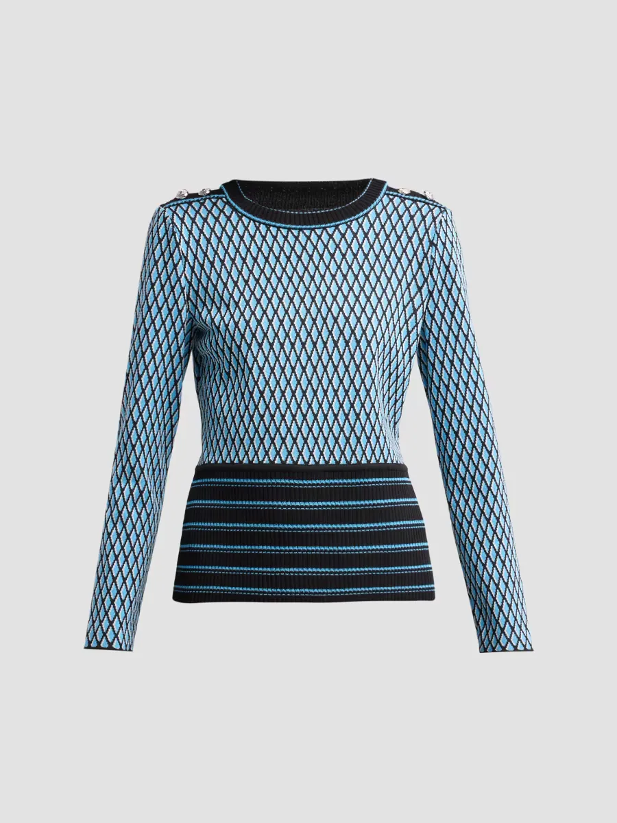 Diamond-Pattern Rib-Knit-Trim Top by Ming Wang