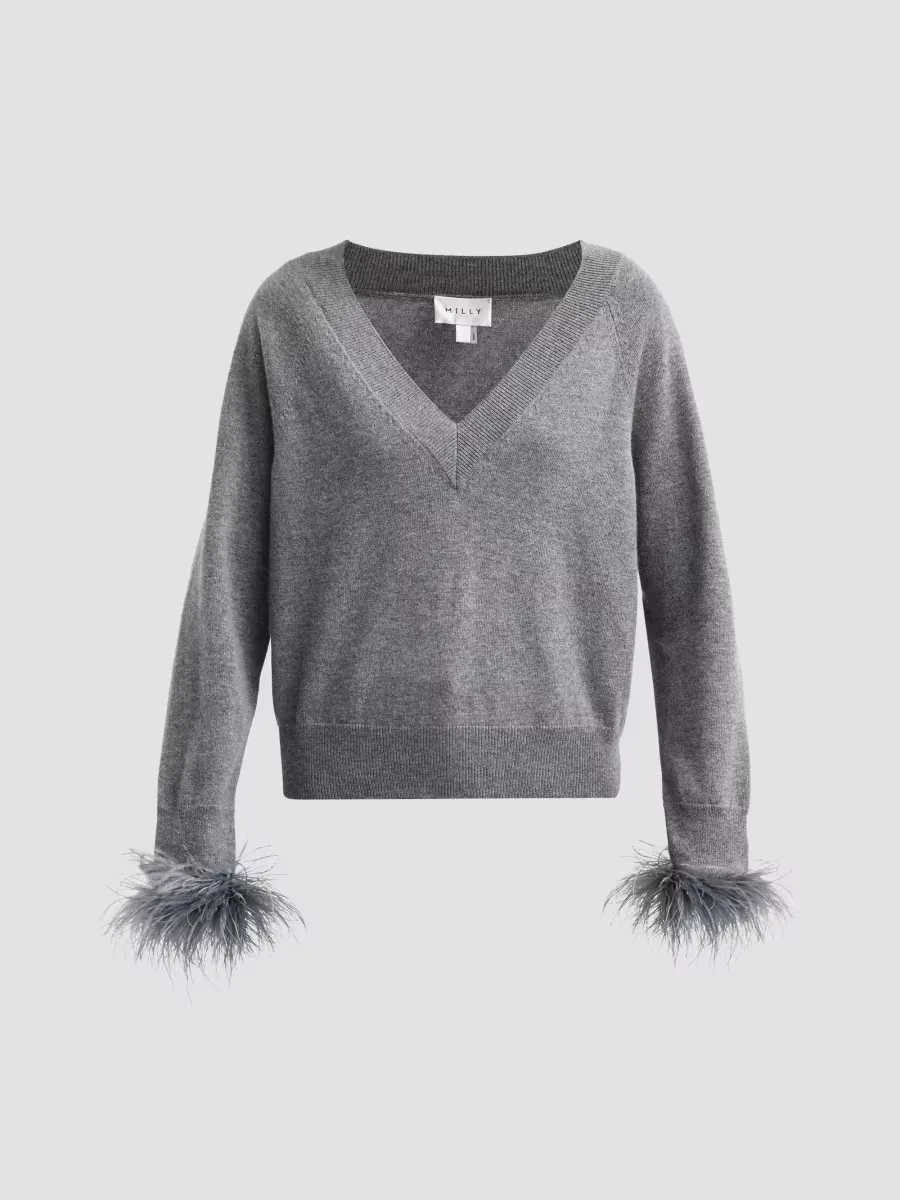 Wool-Cashmere Feather-Cuff Sweater by Milly