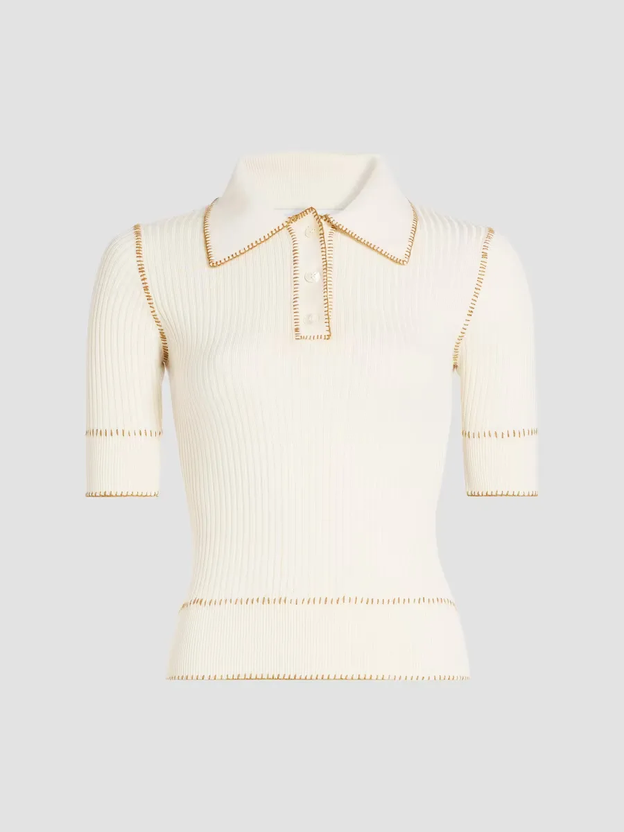 Whipstitch Rib-Knit Polo Top by Prabal Gurung